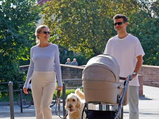 a man and woman walking with a dog in a stroller