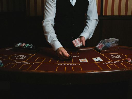 A casino dealer handling cards at a gaming table, ready for blackjack or poker.